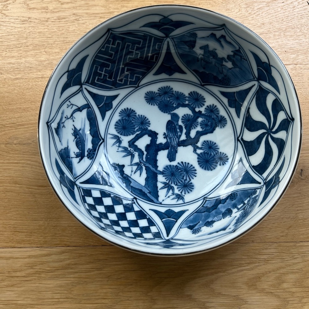 Vintage 1950s Chinese Batavia Ware Blue and White Bowl With Tree Hawk Bird - Picture 3 of 7